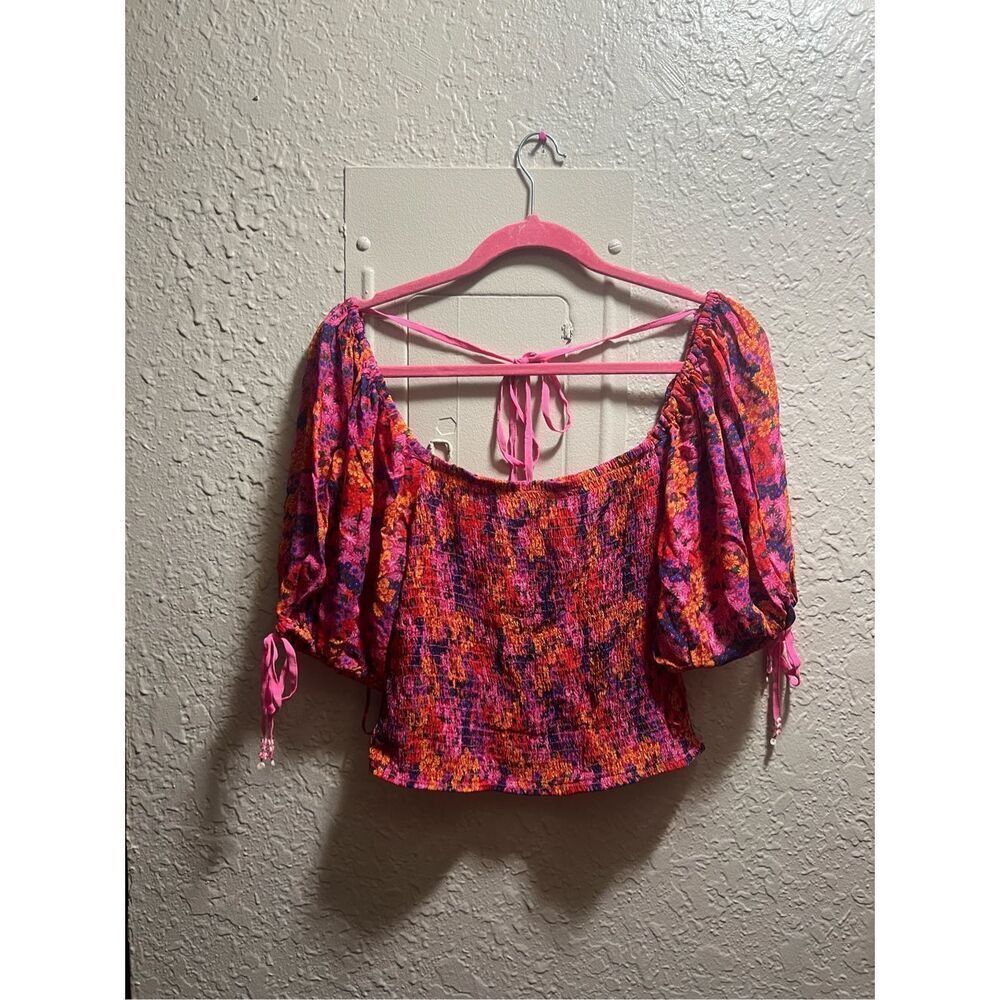 Free People Multicolored Floral Back On Top Shirt Woman’s Size Large NEW MSRP $9
